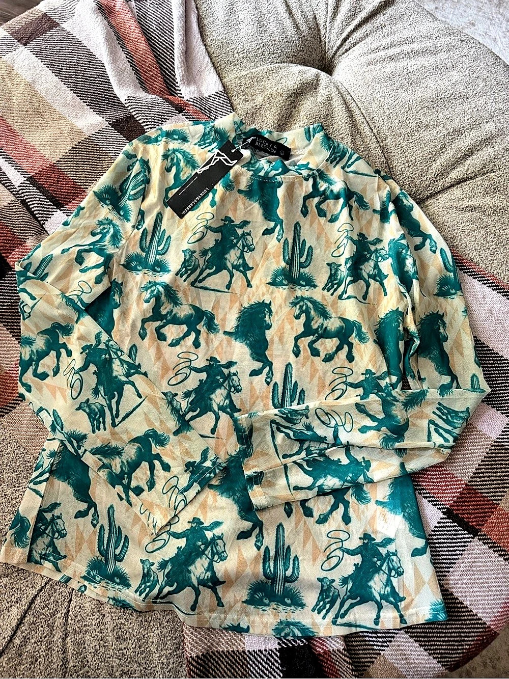 Lucky & Blessed Western Animal Print mesh Blouse in Cream & Green NWT